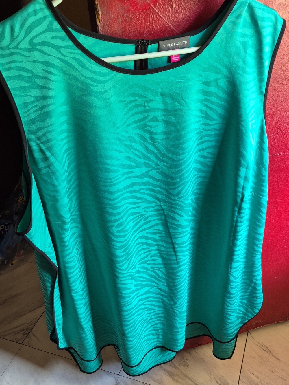 Vince Camuto Teal Zebra-Print Sleeveless Tunic with Contrast Trim